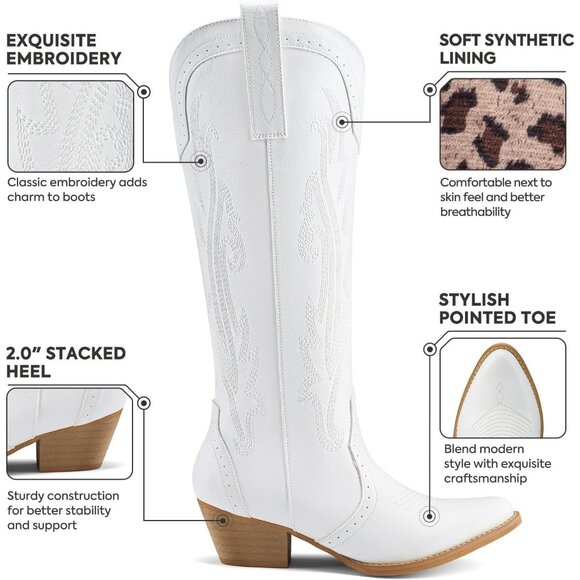 Women's White Embroidered Knee High Western Boots Pointy Toe Cowgirl Boots - Picture 4 of 5